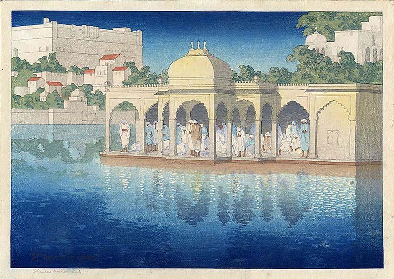 Charles W. Bartlett Prayers at Sunset, Udaipur, India, woodblock print by Charles W. Bartlett, 1919, Honolulu Academy of Arts